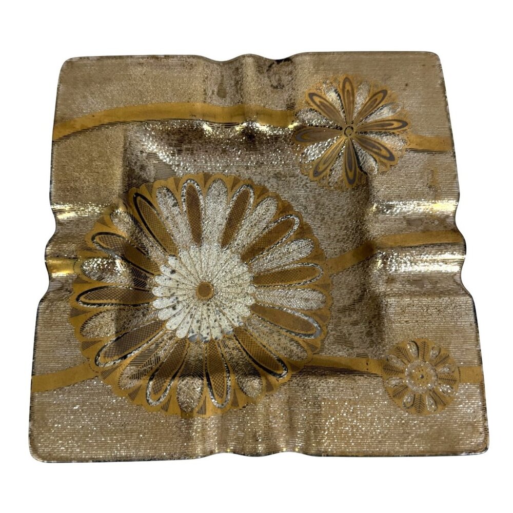 Vintage MCM Reverse Painted Floral Glass Square Ashtray or Candy Dish